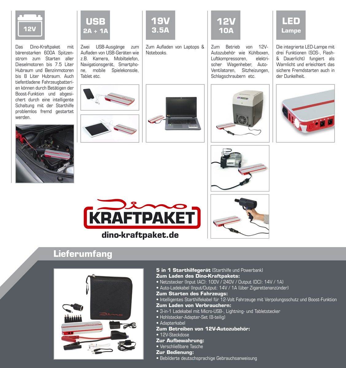 Dino KRAFTPAKET 600A 12V Mobile Batterie Starthilfe mit Powerbank Booster  4003342173902