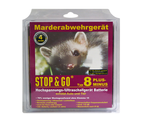 STOP /& GO Marderabwehr Typ 8 PLUS-MINUS Hochspannung+Ultraschall+Batterie 07544